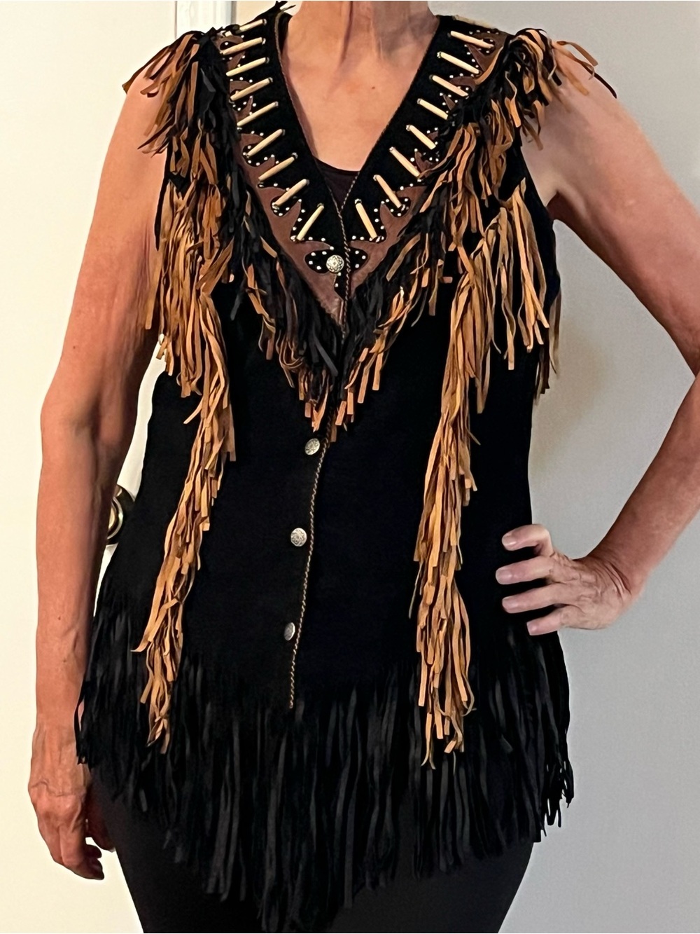 Fringed Black Suede Vest with Tan Accents